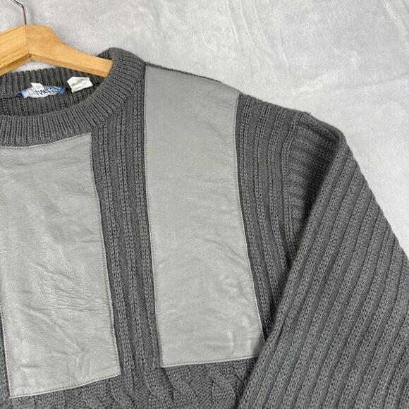 Vintage Angelo Wool Blend Cable Knit Leather Panel Sweater 52 Made In Italy 90s - Picture 7 of 9